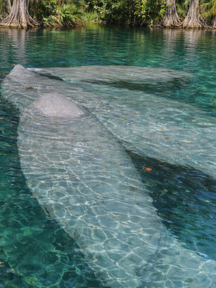 Two manatees swimming in clear water surrounded by trees.