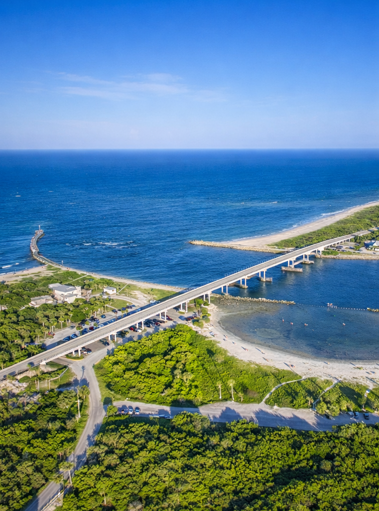 Aerial view of a bridge over water with greenery and ocean in the background.