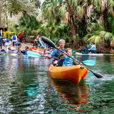 People kayaking on a tropical river surrounded by lush greenery.