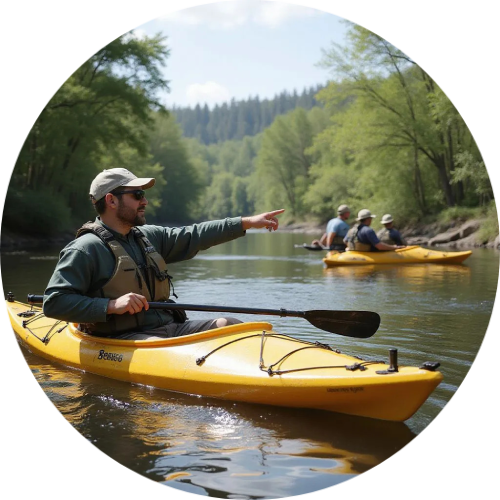 Person in yellow kayak points, two others kayak ahead on a river with trees.