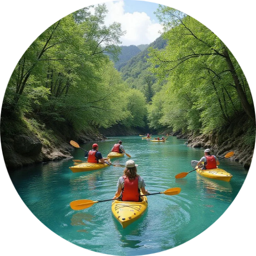 Group kayaking on a serene, tree-lined river.