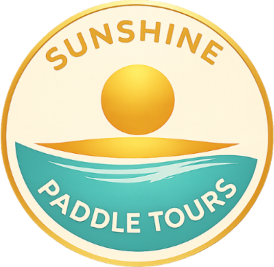 Circular logo with sun above waves, text: Sunshine Paddle Tours.